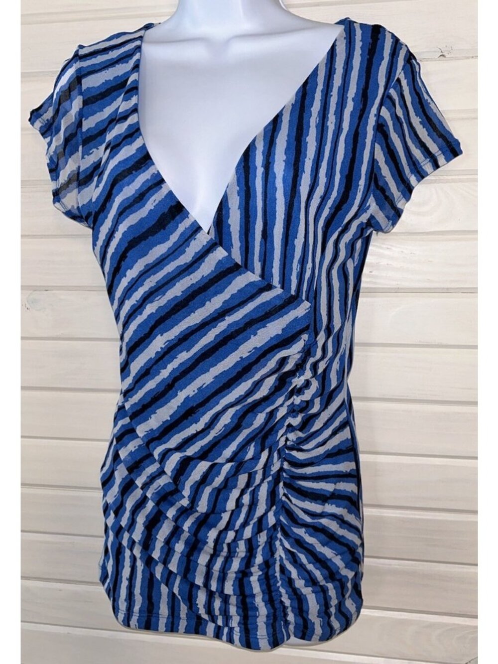 NWT New York & Co Sz MEDIUM Blue Black Nylon Mesh Faux Wrap Surplice Stretch